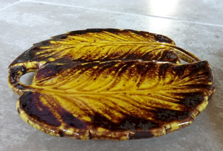 3 Anciens Plateau Dessous De Plat Céramique Barbotine Feuille  Kernadec Paris