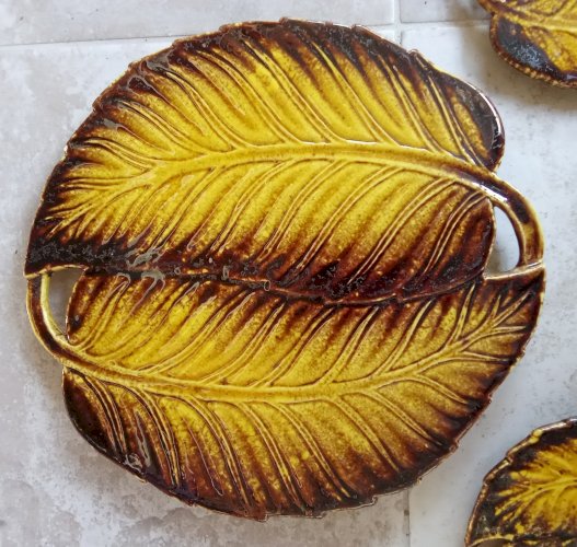 3 Anciens Plateau Dessous De Plat Céramique Barbotine Feuille  Kernadec Paris