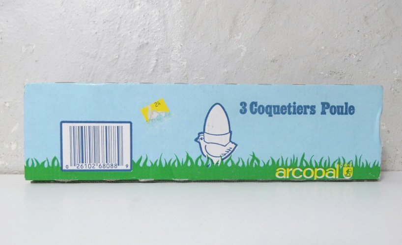 3 coquetiers Arcopal poules blanches vintage