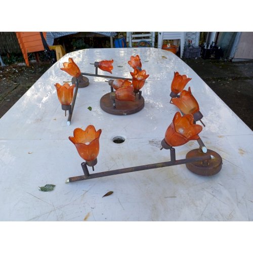 3 Suspensions Vintage Métal Doré Tulipes verre