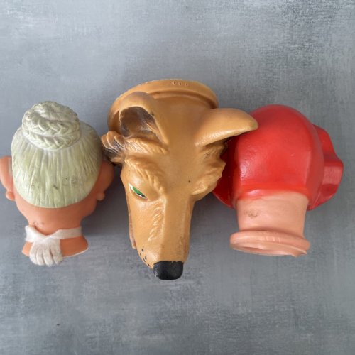 3 têtes de marionnette vintage Le Petit Chaperon Rouge , le loup et mère grand