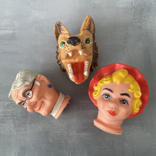 3 têtes de marionnette vintage Le Petit Chaperon Rouge , le loup et mère grand