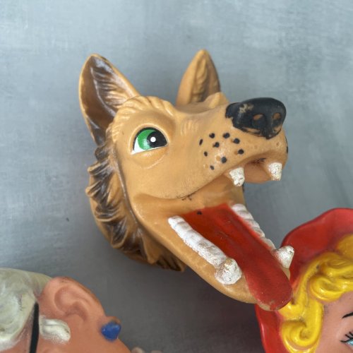 3 têtes de marionnette vintage Le Petit Chaperon Rouge , le loup et mère grand