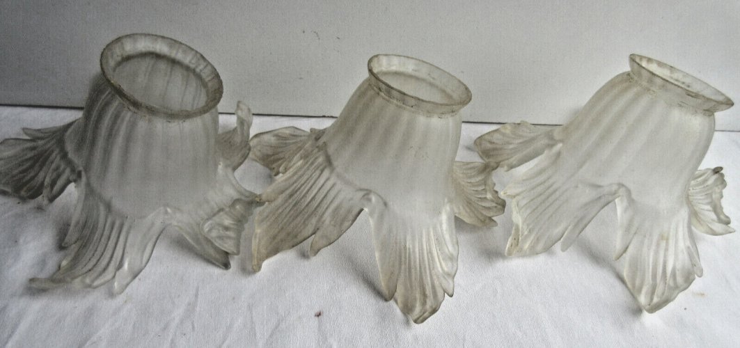 3 tulipes en verre blanc, fleurs à 5 pétales nervurés, Art Déco
