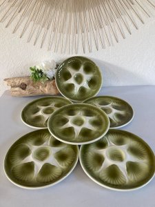 325⚜️ Antique Set of 6 Oyster Plates Moulin Des Loups in Ceramic Ø 25 Cm
