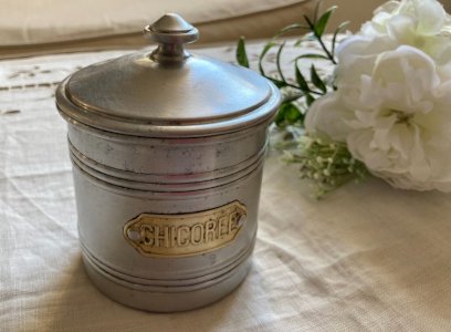 325⚜️ Ancien Pot à Épices Chicorée en Aluminium Vintage Authentique Haut 11 Cm