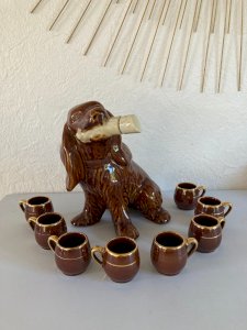 325⚜️ Vintage Liquor Carafe in the Shape of a Dog Ceramics CASANOVE with 8 Glasses
