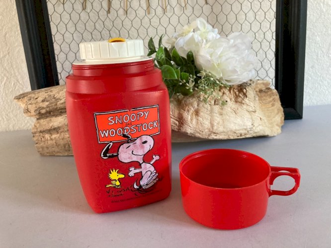 325⚜️ Ancienne Gourde Thermos Snoopy Woodstock Rouge Vintage