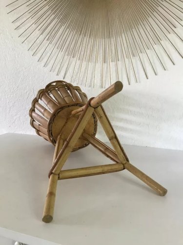 4 ⚜️ Ancien Cache Pot Tripode En Osier Et Rotin, Bambou Vintage Authentique