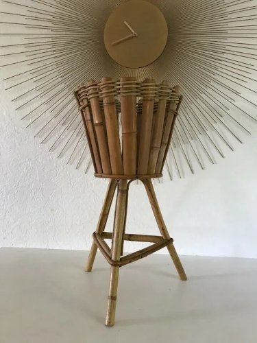 4 ⚜️ Ancien Cache Pot Tripode En Osier Et Rotin, Bambou Vintage Authentique