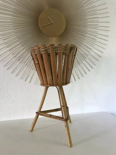 4 ⚜️ Ancien Cache Pot Tripode En Osier Et Rotin, Bambou Vintage Authentique