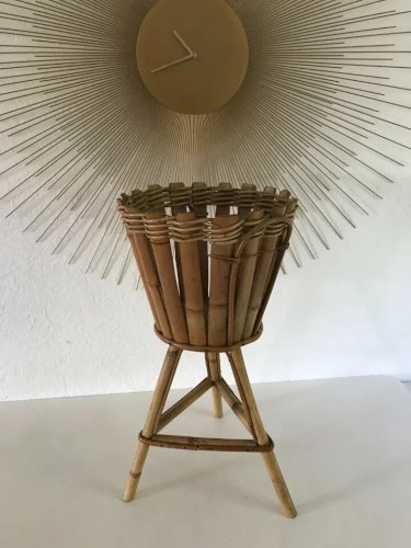 4 ⚜️ Ancien Cache Pot Tripode En Osier Et Rotin, Bambou Vintage Authentique