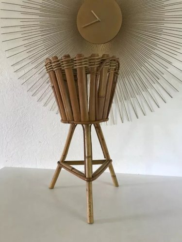 4 ⚜️ Ancien Cache Pot Tripode En Osier Et Rotin, Bambou Vintage Authentique