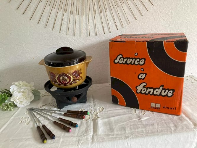 4 ⚜️ Ancien Service à Fondue Nomar France Caquelon en Fonte Émaillée Vintage