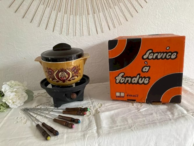 4 ⚜️ Ancien Service à Fondue Nomar France Caquelon en Fonte Émaillée Vintage