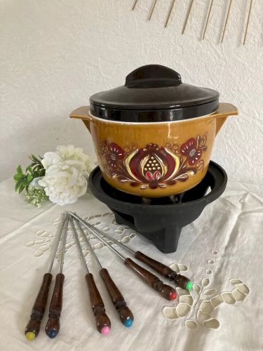 4 ⚜️ Ancien Service à Fondue Nomar France Caquelon en Fonte Émaillée Vintage