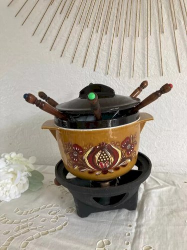 4 ⚜️ Ancien Service à Fondue Nomar France Caquelon en Fonte Émaillée Vintage