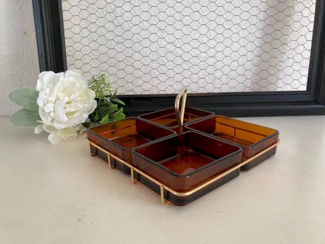 4 ⚜️ Ancien Serviteur Apéritif Plateau Apéro Vereco en Verre et Laiton Vintage