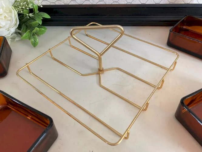 4 ⚜️ Ancien Serviteur Apéritif Plateau Apéro Vereco en Verre et Laiton Vintage