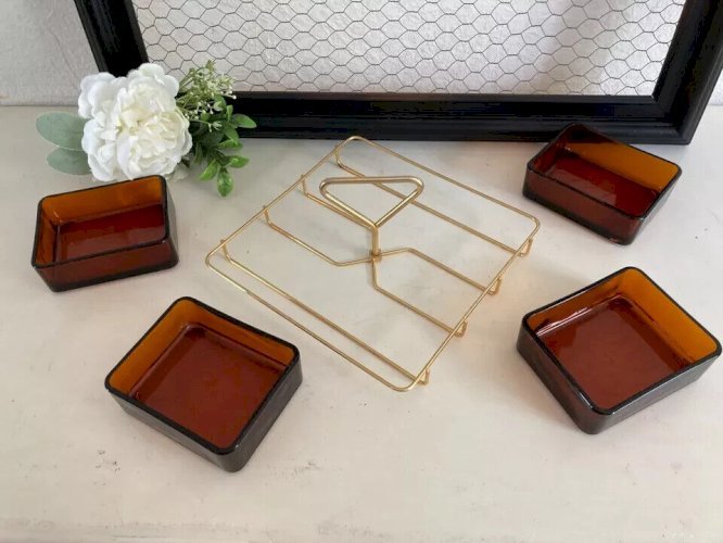 4 ⚜️ Ancien Serviteur Apéritif Plateau Apéro Vereco en Verre et Laiton Vintage