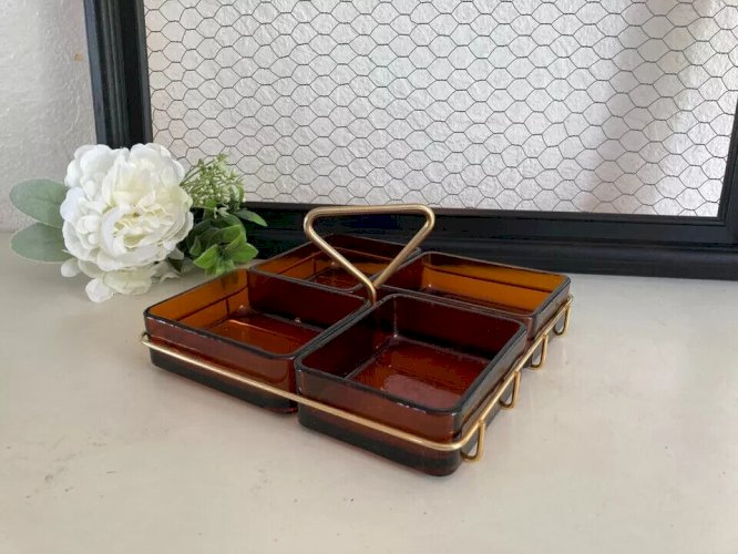 4 ⚜️ Ancien Serviteur Apéritif Plateau Apéro Vereco en Verre et Laiton Vintage