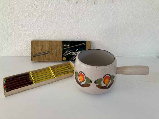4 ⚜️ Ancienne Casserole Poêlon Caquelon Fondue + 6 Fourchettes à Fondue Vintage