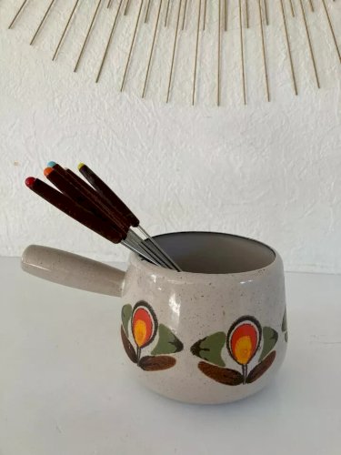 4 ⚜️ Ancienne Casserole Poêlon Caquelon Fondue + 6 Fourchettes à Fondue Vintage