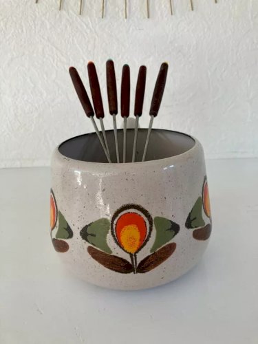 4 ⚜️ Ancienne Casserole Poêlon Caquelon Fondue + 6 Fourchettes à Fondue Vintage
