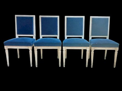 4 Antique Louis XVI Style Blue Velvet Chairs 19th Century