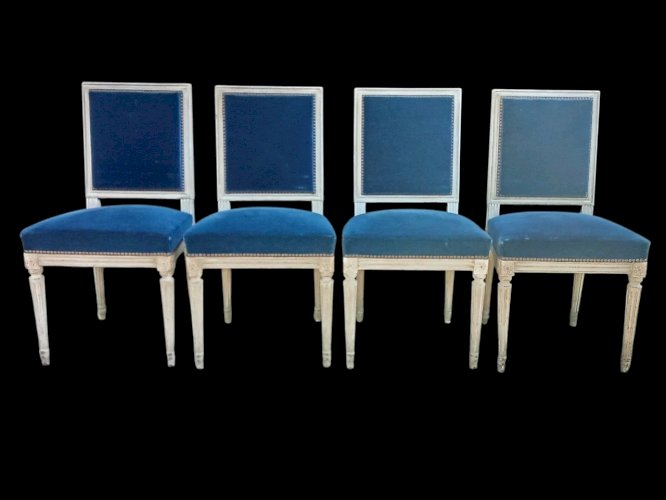 4 Anciennes Chaises Style Louis XVI Velours Bleu 19 Ème Siècle
