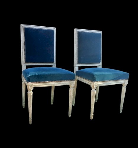 4 Anciennes Chaises Style Louis XVI Velours Bleu 19 Ème Siècle