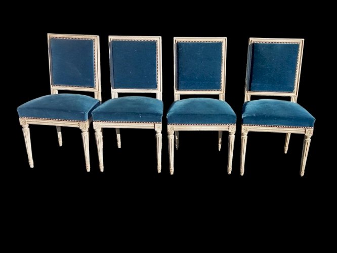 4 Anciennes Chaises Style Louis XVI Velours Bleu 19 Ème Siècle