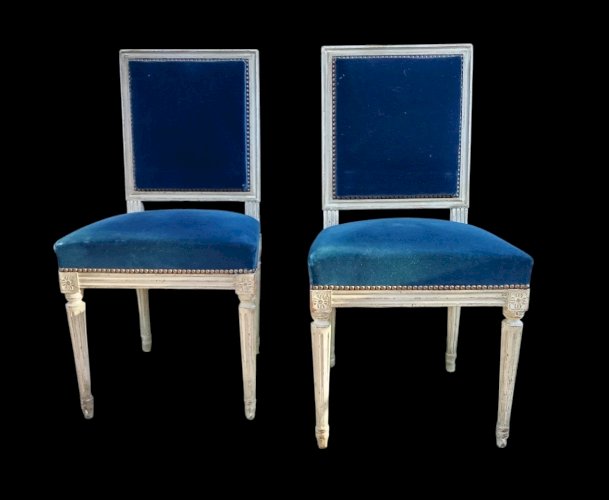 4 Anciennes Chaises Style Louis XVI Velours Bleu 19 Ème Siècle