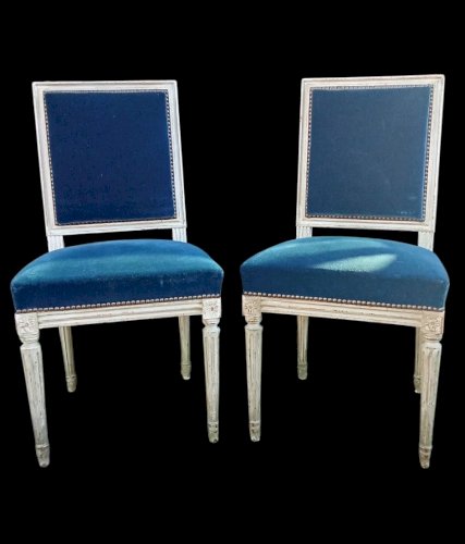 4 Anciennes Chaises Style Louis XVI Velours Bleu 19 Ème Siècle