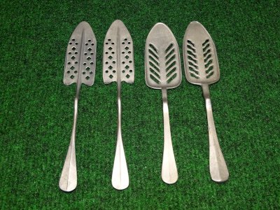 - 4 ANCIENT ABSINTHE SPOONS 2 Tinned Metal France Steel 2 in TIN D