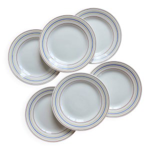 4 assiettes à dessert vintage Céranord Saint-Amand rayures rouge bleu jaune