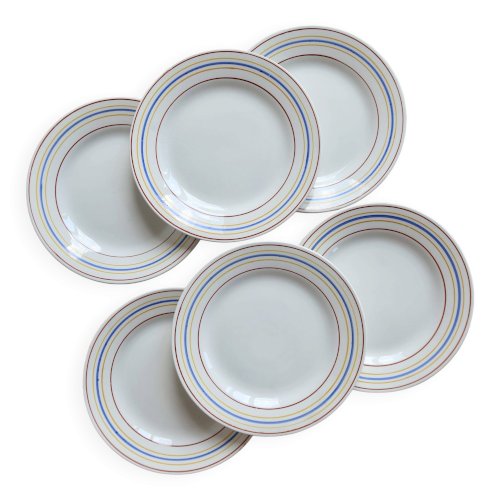 4 assiettes à dessert vintage Céranord Saint-Amand rayures rouge bleu jaune