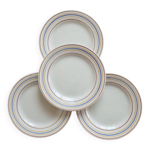 4 assiettes à dessert vintage Céranord Saint-Amand rayures rouge bleu jaune