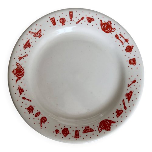 4 assiettes à dessert vintage en porcelaine à liseré rouge motif petit déjeuner