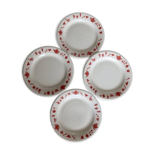4 assiettes à dessert vintage en porcelaine à liseré rouge motif petit déjeuner