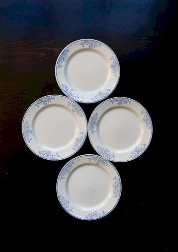 4 assiettes à dessert vintage faïence - Liseré bleu et motif fleuri