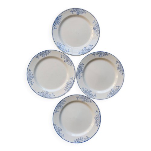 4 assiettes à dessert vintage faïence - Liseré bleu et motif fleuri
