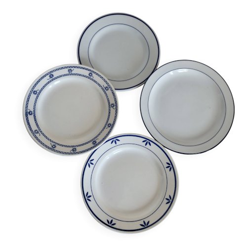 4 assiettes à dessert vintage porcelaine faience dépareillée bleue blanche