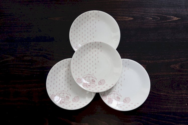 4 assiettes à dessert vintage Sarreguemines - Faïence blanche motif rouge n