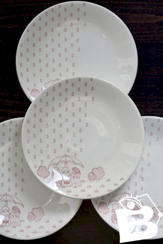 4 assiettes à dessert vintage Sarreguemines - Faïence blanche motif rouge n