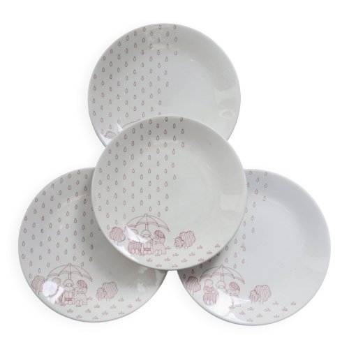 4 assiettes à dessert vintage Sarreguemines - Faïence blanche motif rouge n