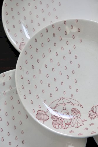 4 assiettes à dessert vintage Sarreguemines - Faïence blanche motif rouge n