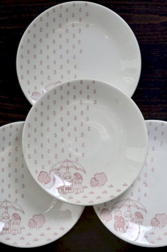 4 assiettes à dessert vintage Sarreguemines - Faïence blanche motif rouge n