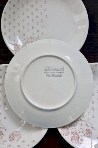 4 assiettes à dessert vintage Sarreguemines - Faïence blanche motif rouge n
