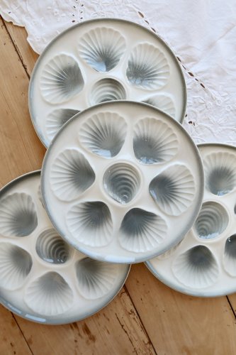 4 assiettes à huîtres vintage Moulin des Loups faïence dégradé bleu gris